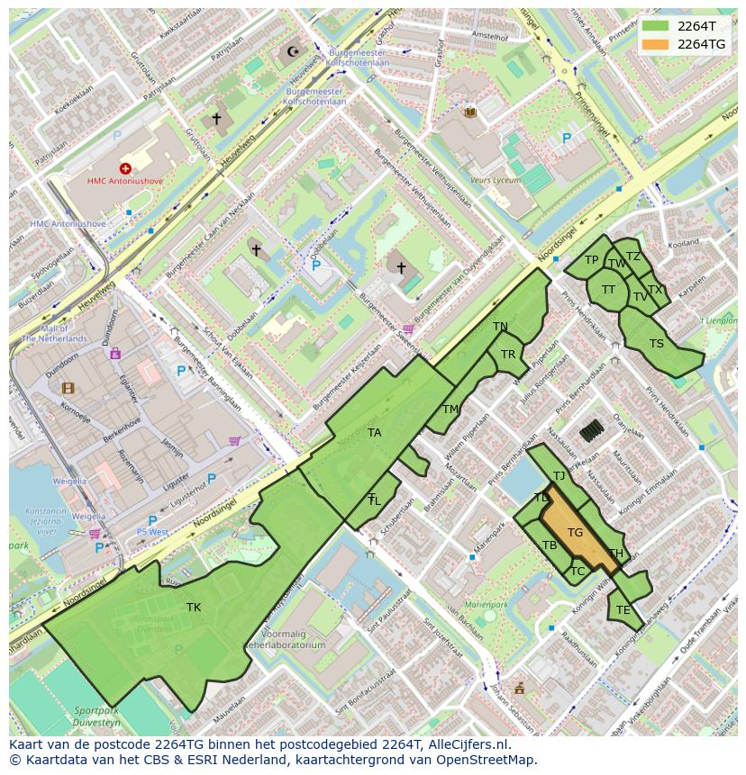 Afbeelding van het postcodegebied 2264 TG op de kaart.