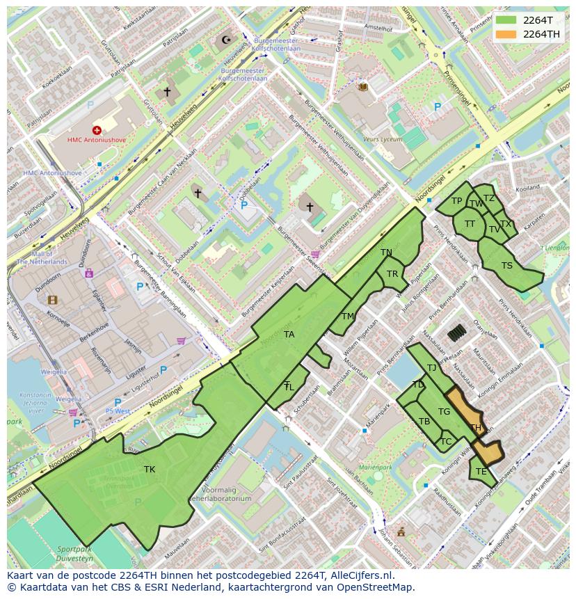 Afbeelding van het postcodegebied 2264 TH op de kaart.