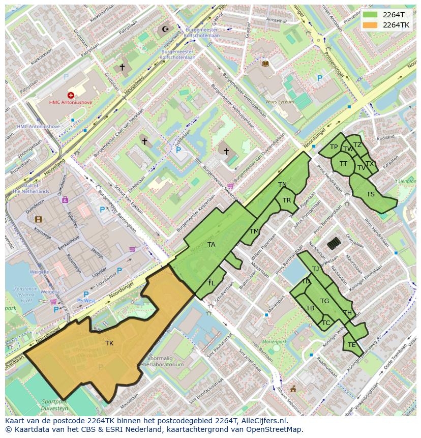Afbeelding van het postcodegebied 2264 TK op de kaart.