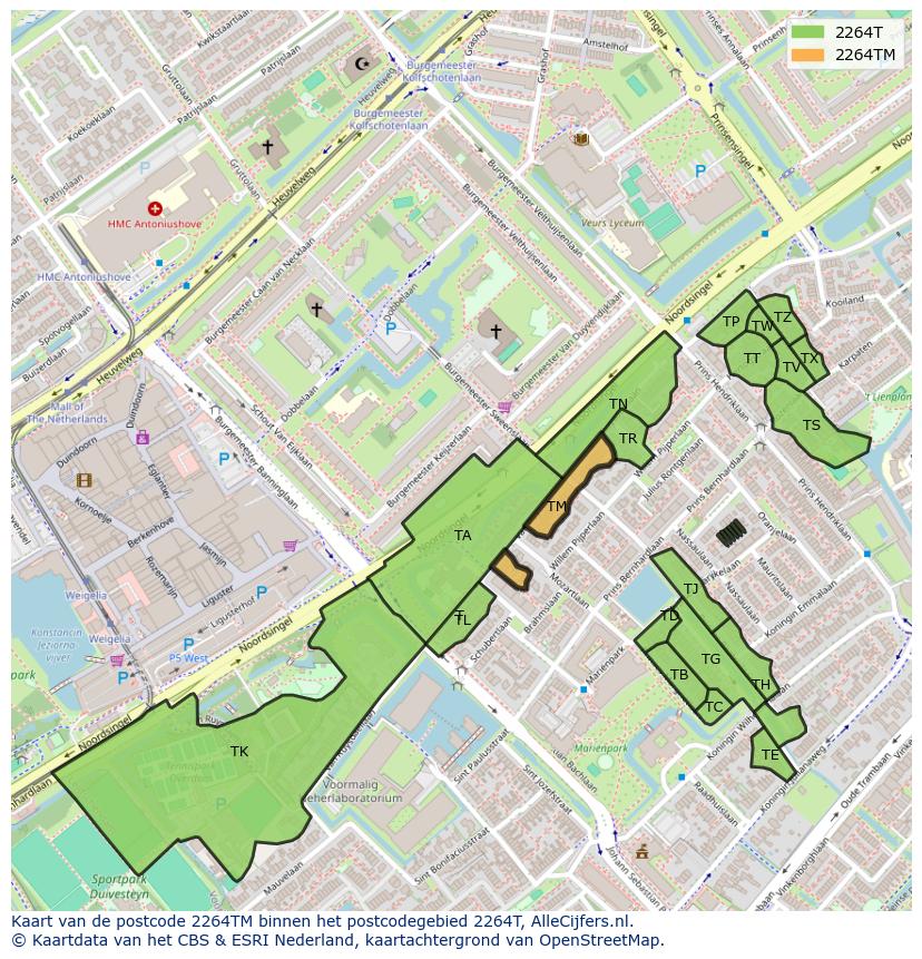 Afbeelding van het postcodegebied 2264 TM op de kaart.