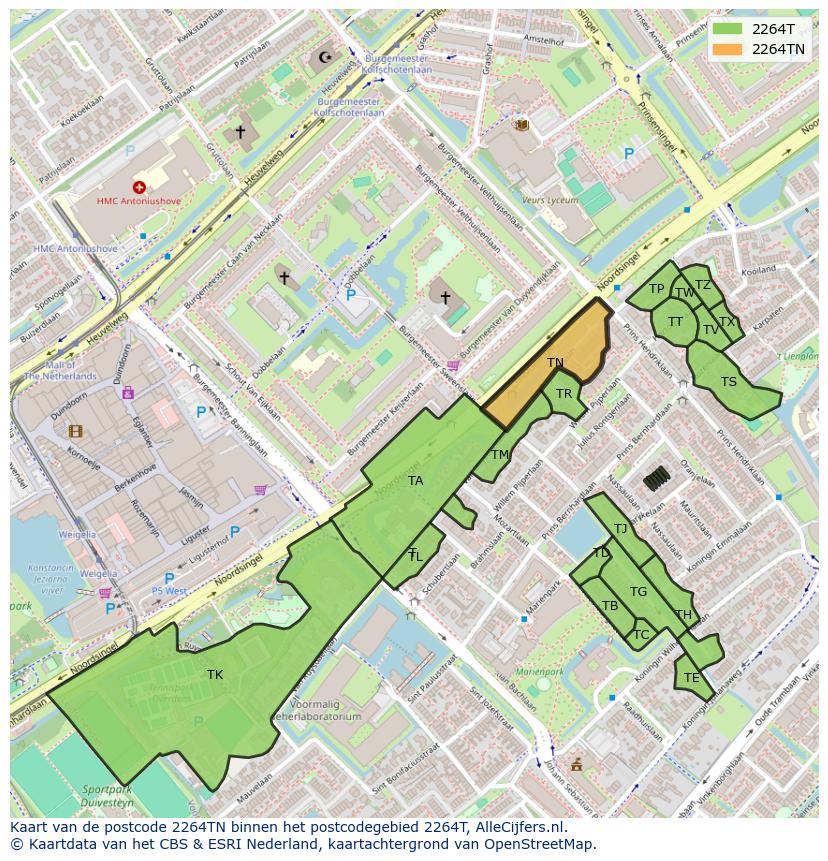 Afbeelding van het postcodegebied 2264 TN op de kaart.