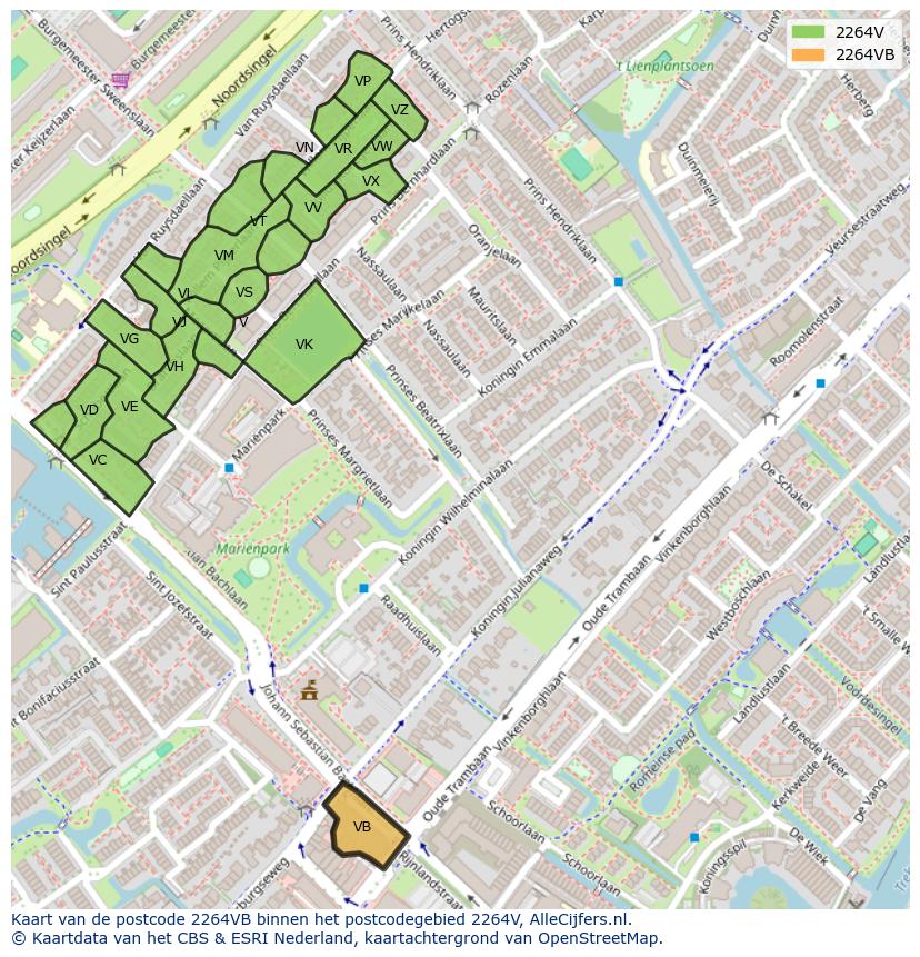 Afbeelding van het postcodegebied 2264 VB op de kaart.