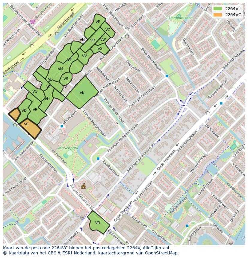 Afbeelding van het postcodegebied 2264 VC op de kaart.