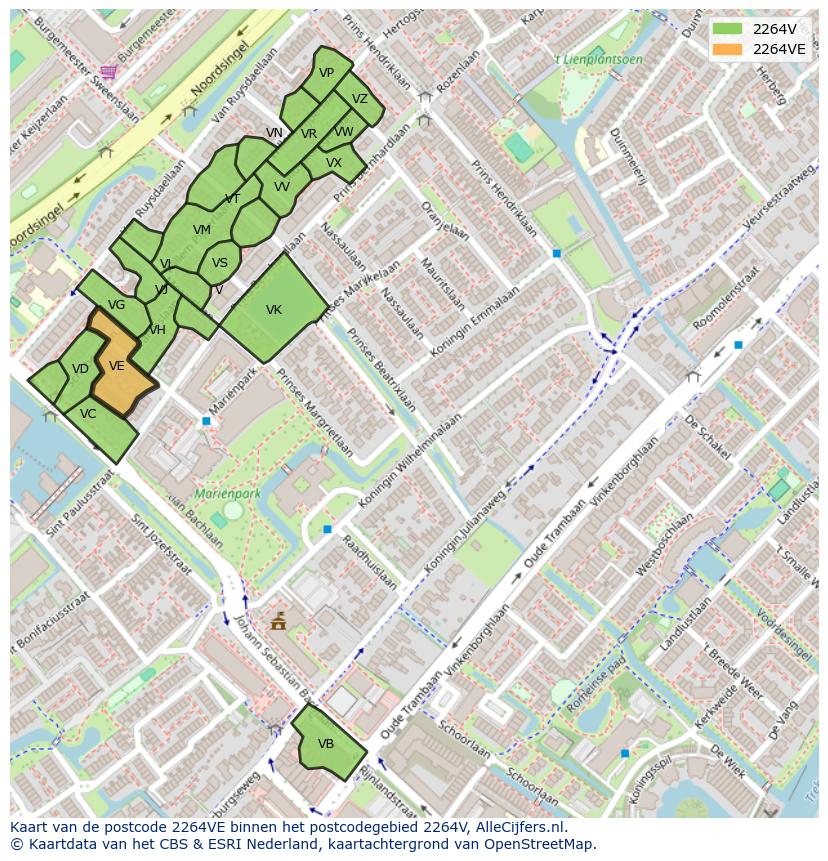 Afbeelding van het postcodegebied 2264 VE op de kaart.