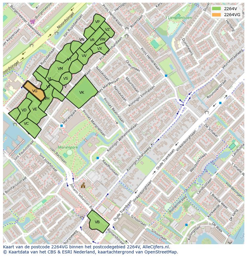 Afbeelding van het postcodegebied 2264 VG op de kaart.