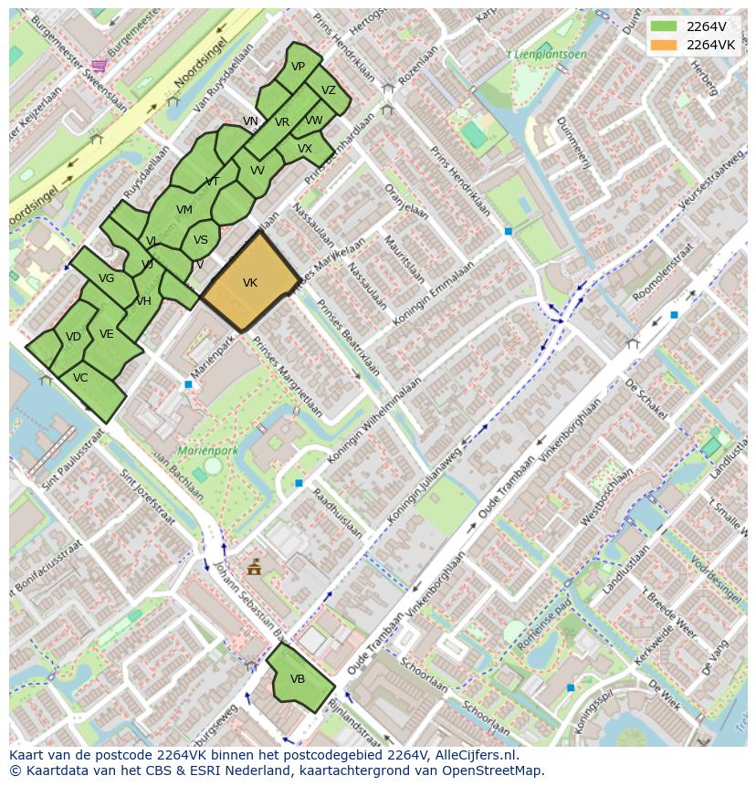 Afbeelding van het postcodegebied 2264 VK op de kaart.