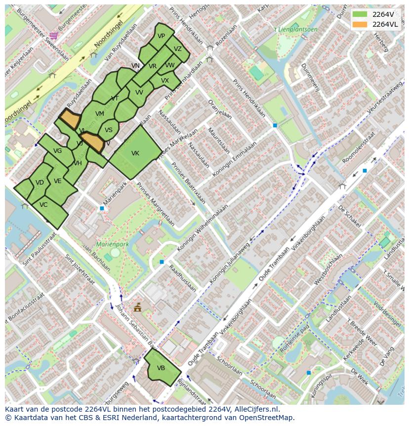 Afbeelding van het postcodegebied 2264 VL op de kaart.