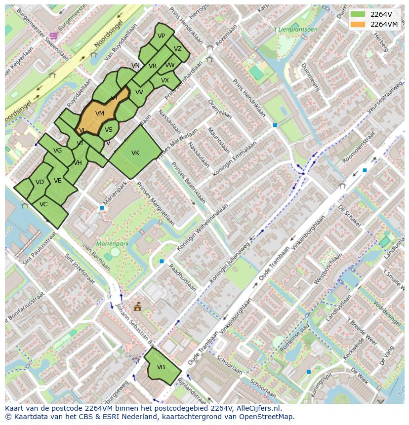 Afbeelding van het postcodegebied 2264 VM op de kaart.