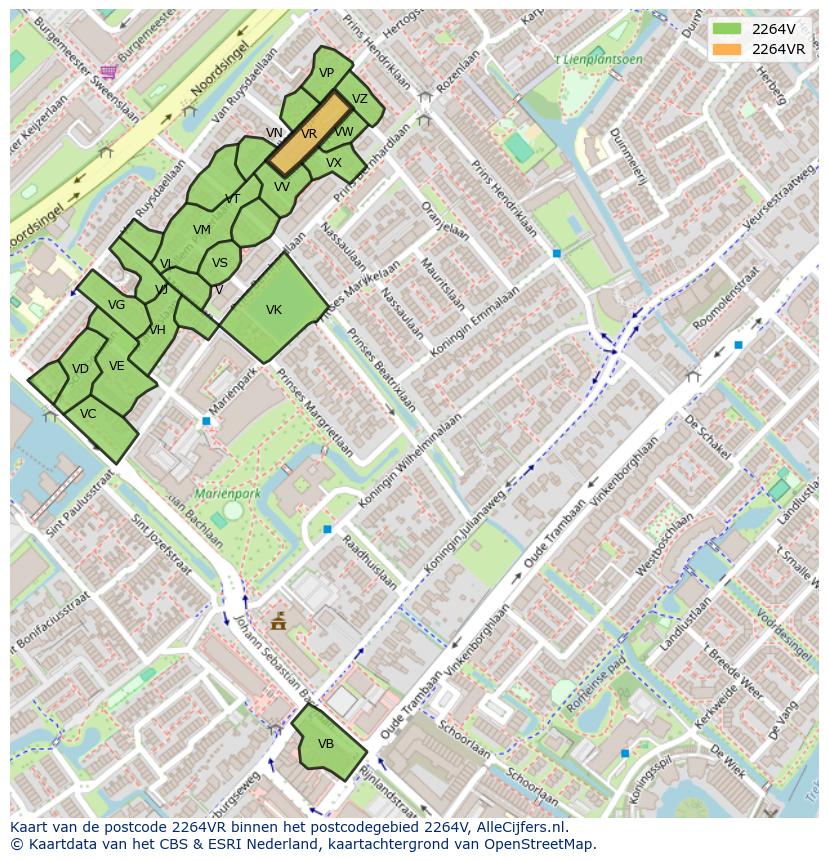Afbeelding van het postcodegebied 2264 VR op de kaart.