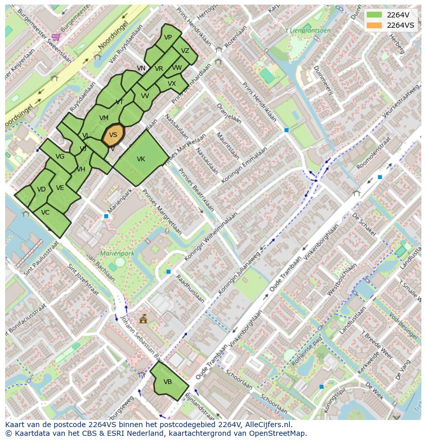 Afbeelding van het postcodegebied 2264 VS op de kaart.