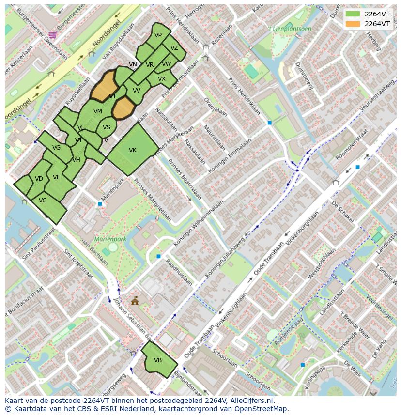 Afbeelding van het postcodegebied 2264 VT op de kaart.