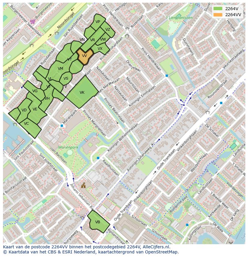 Afbeelding van het postcodegebied 2264 VV op de kaart.