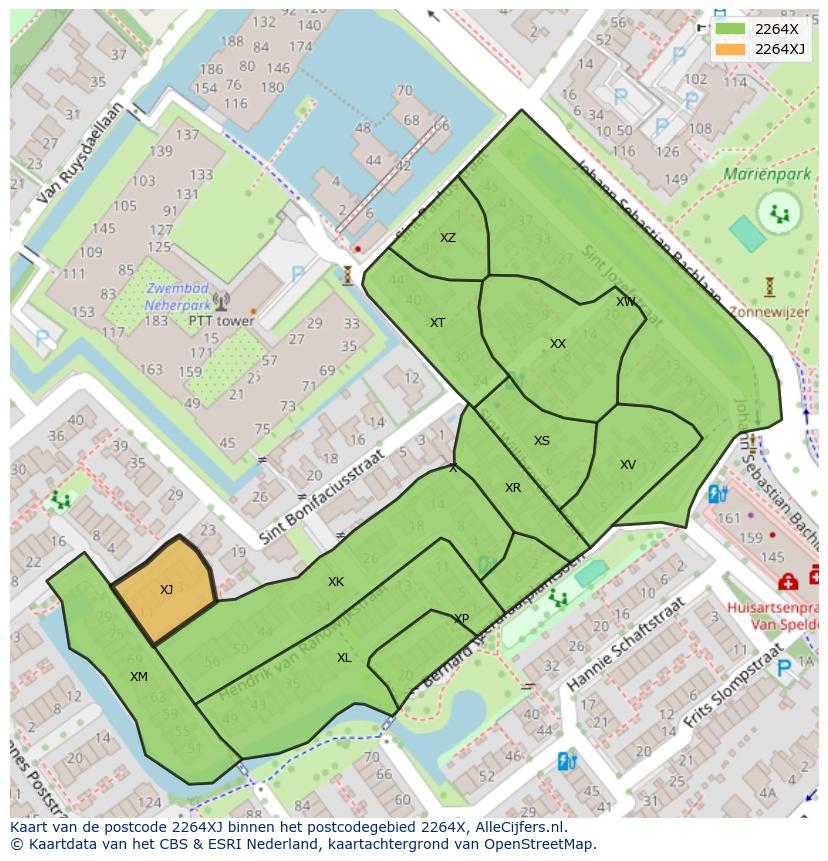 Afbeelding van het postcodegebied 2264 XJ op de kaart.
