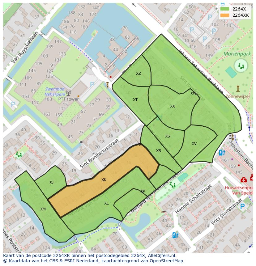 Afbeelding van het postcodegebied 2264 XK op de kaart.