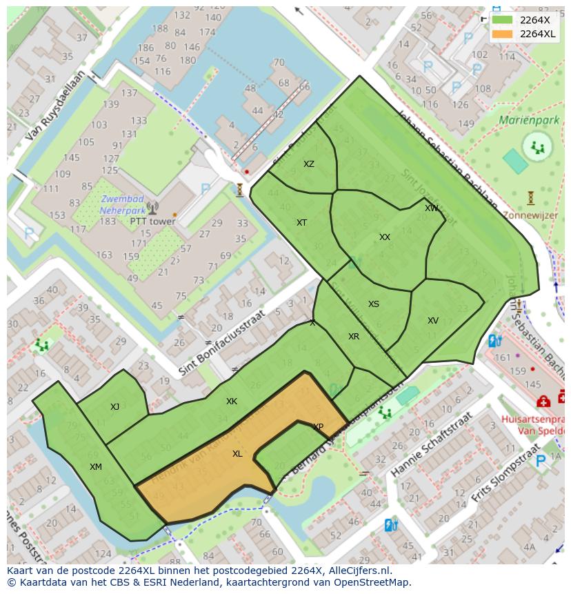 Afbeelding van het postcodegebied 2264 XL op de kaart.