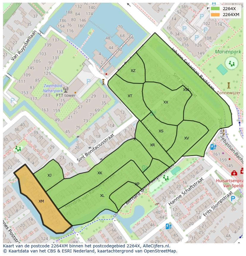 Afbeelding van het postcodegebied 2264 XM op de kaart.