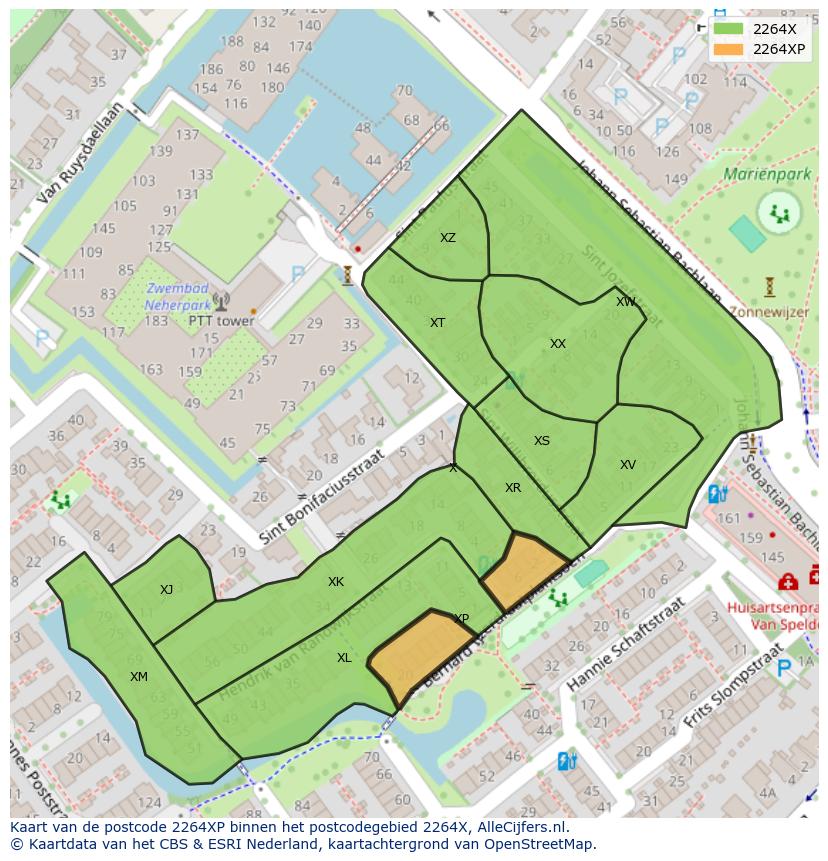 Afbeelding van het postcodegebied 2264 XP op de kaart.