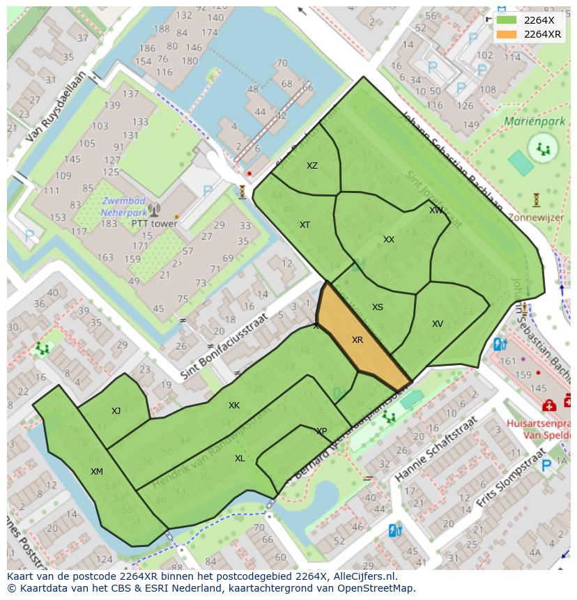 Afbeelding van het postcodegebied 2264 XR op de kaart.