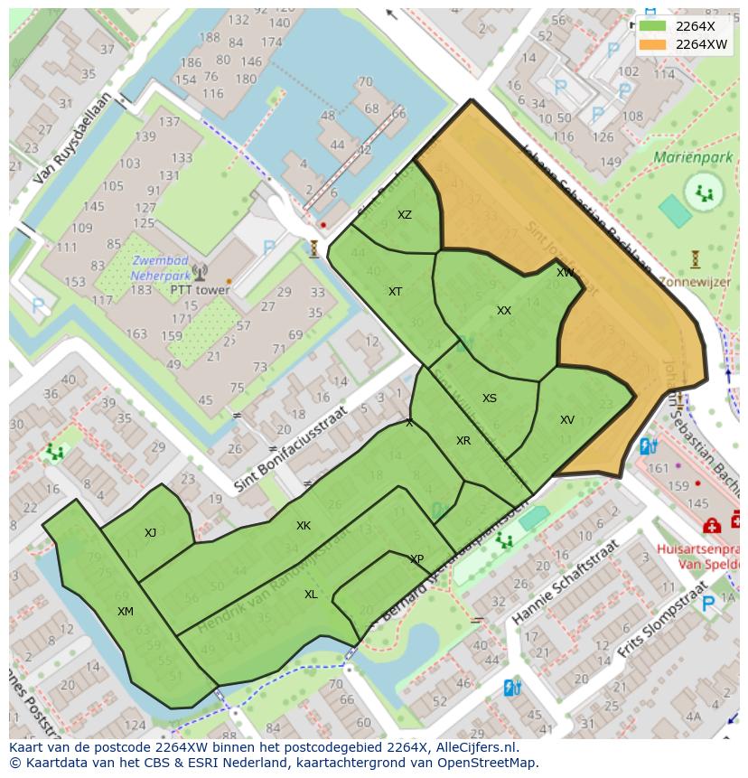 Afbeelding van het postcodegebied 2264 XW op de kaart.