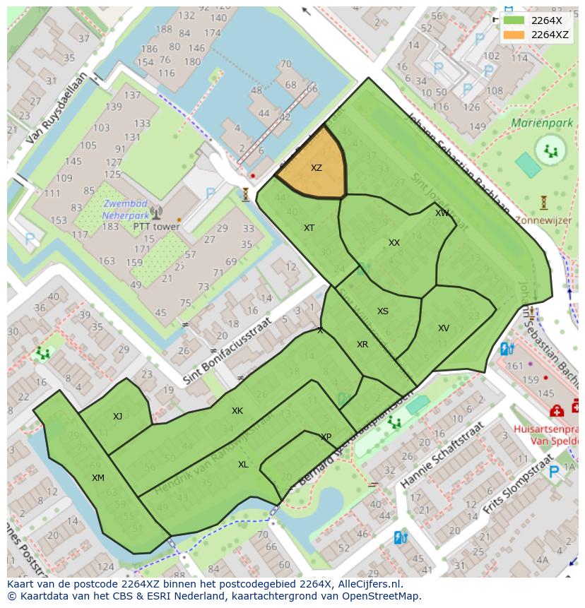 Afbeelding van het postcodegebied 2264 XZ op de kaart.