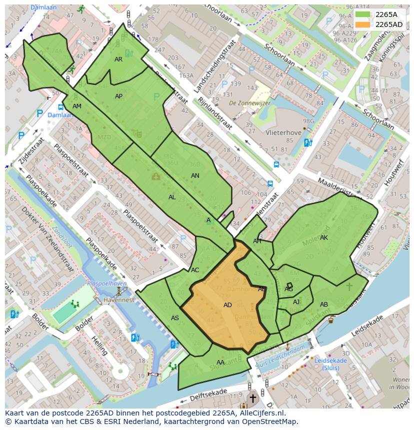 Afbeelding van het postcodegebied 2265 AD op de kaart.