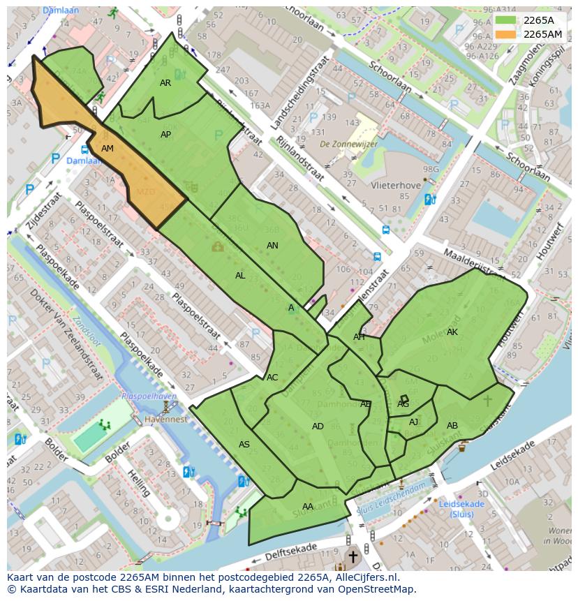 Afbeelding van het postcodegebied 2265 AM op de kaart.