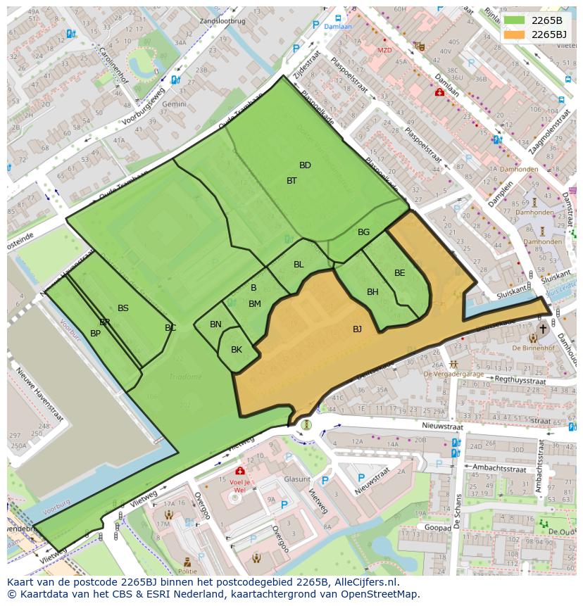 Afbeelding van het postcodegebied 2265 BJ op de kaart.
