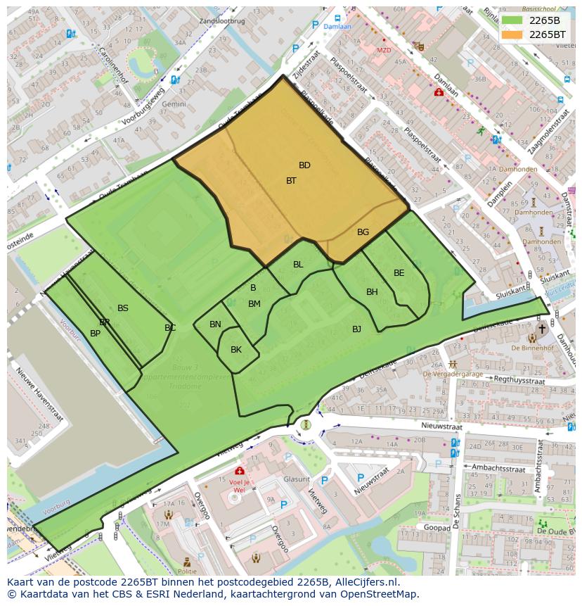 Afbeelding van het postcodegebied 2265 BT op de kaart.