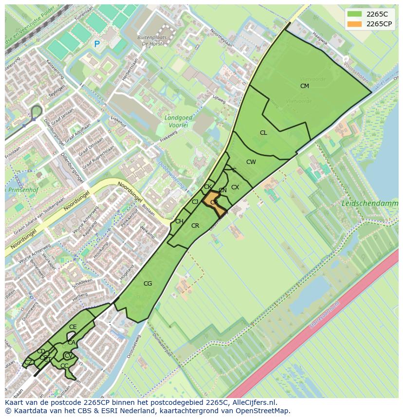 Afbeelding van het postcodegebied 2265 CP op de kaart.