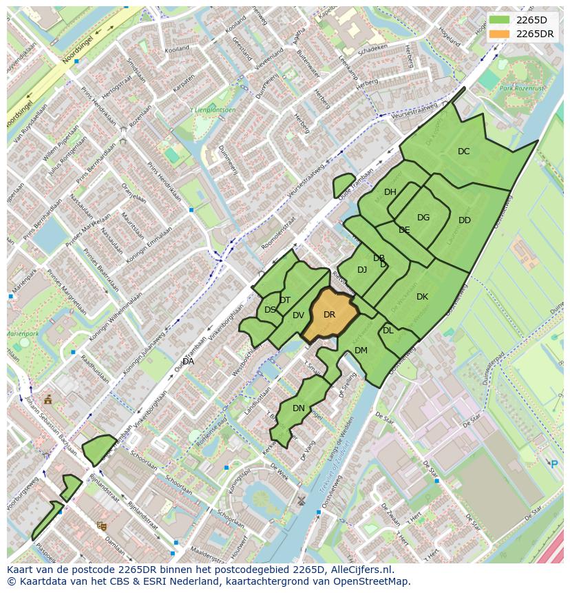 Afbeelding van het postcodegebied 2265 DR op de kaart.