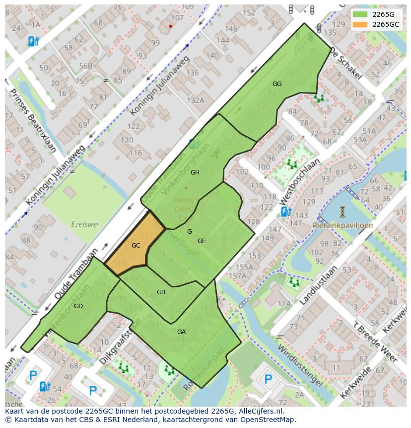 Afbeelding van het postcodegebied 2265 GC op de kaart.