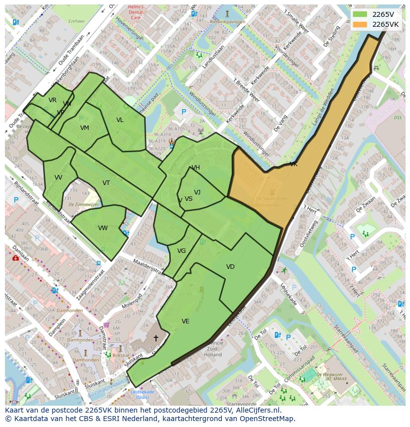 Afbeelding van het postcodegebied 2265 VK op de kaart.