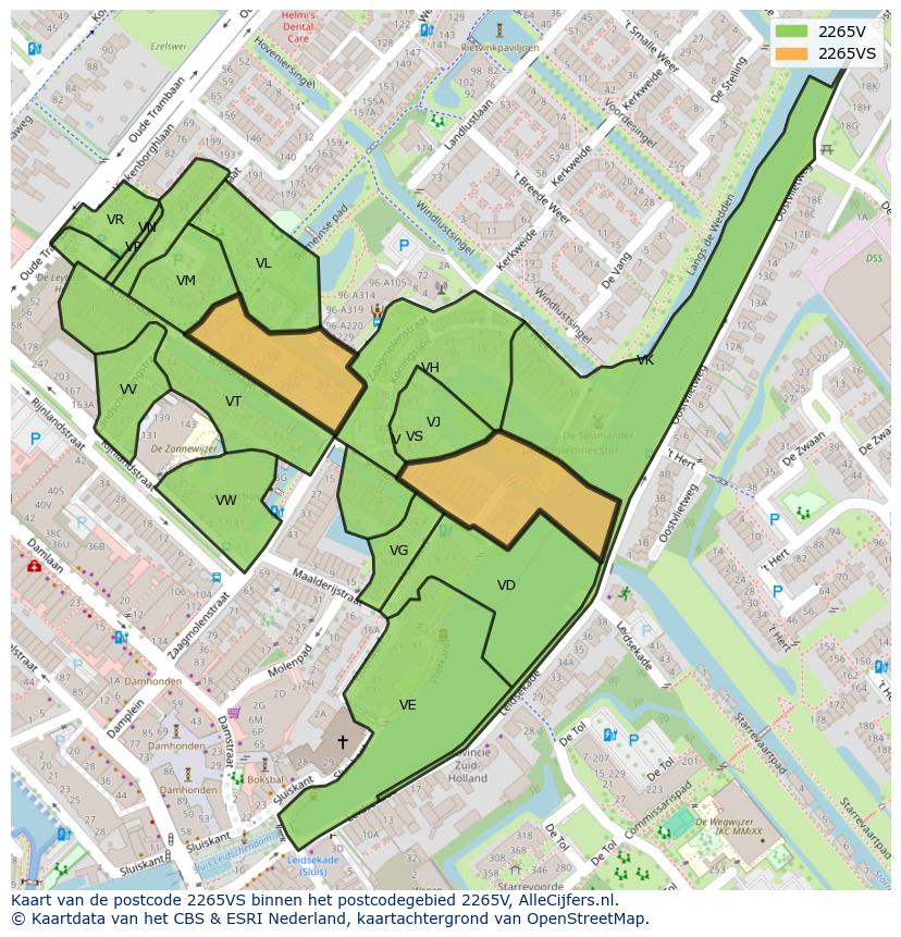 Afbeelding van het postcodegebied 2265 VS op de kaart.