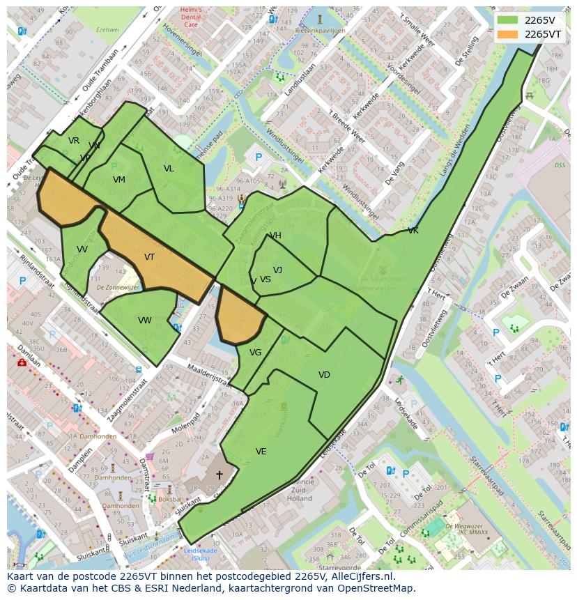 Afbeelding van het postcodegebied 2265 VT op de kaart.