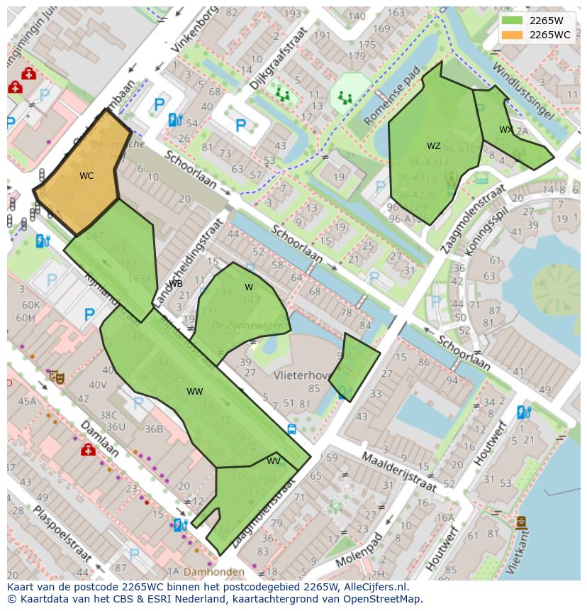 Afbeelding van het postcodegebied 2265 WC op de kaart.