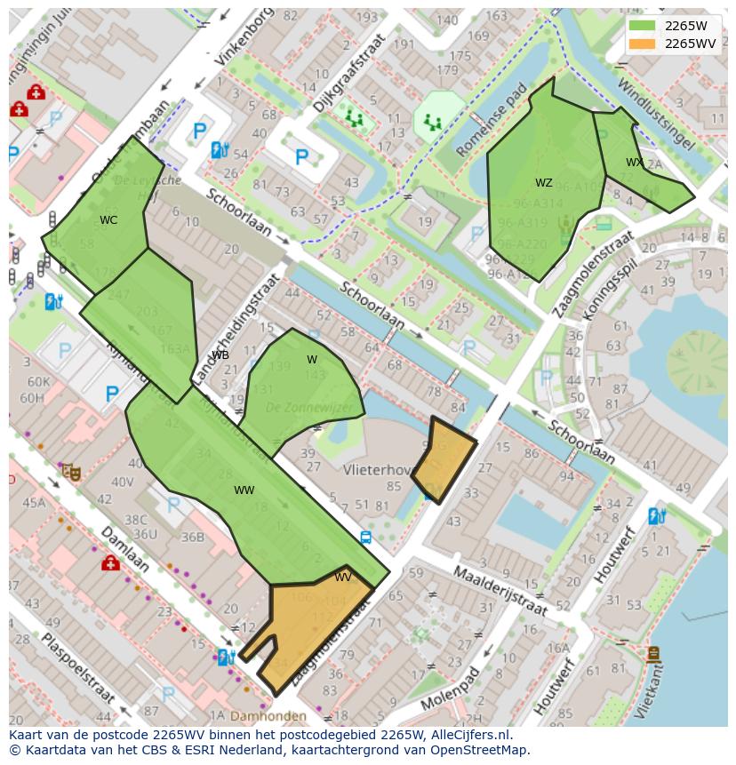 Afbeelding van het postcodegebied 2265 WV op de kaart.