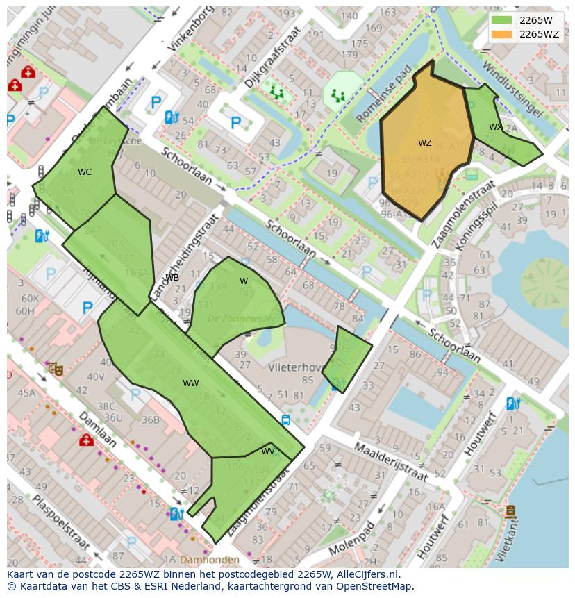 Afbeelding van het postcodegebied 2265 WZ op de kaart.