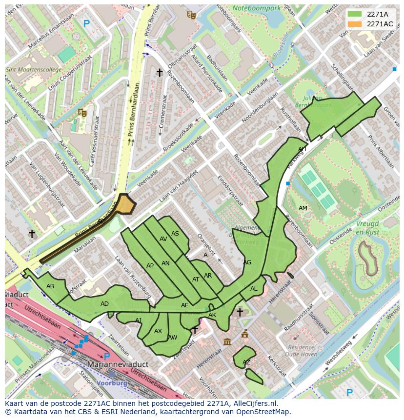 Afbeelding van het postcodegebied 2271 AC op de kaart.