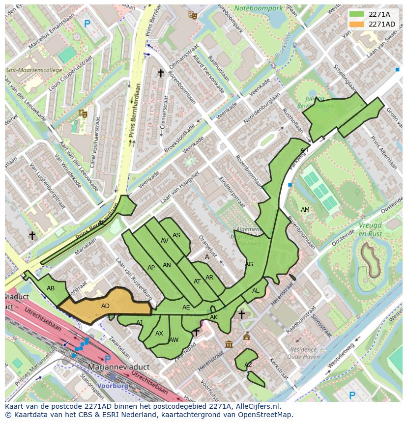 Afbeelding van het postcodegebied 2271 AD op de kaart.