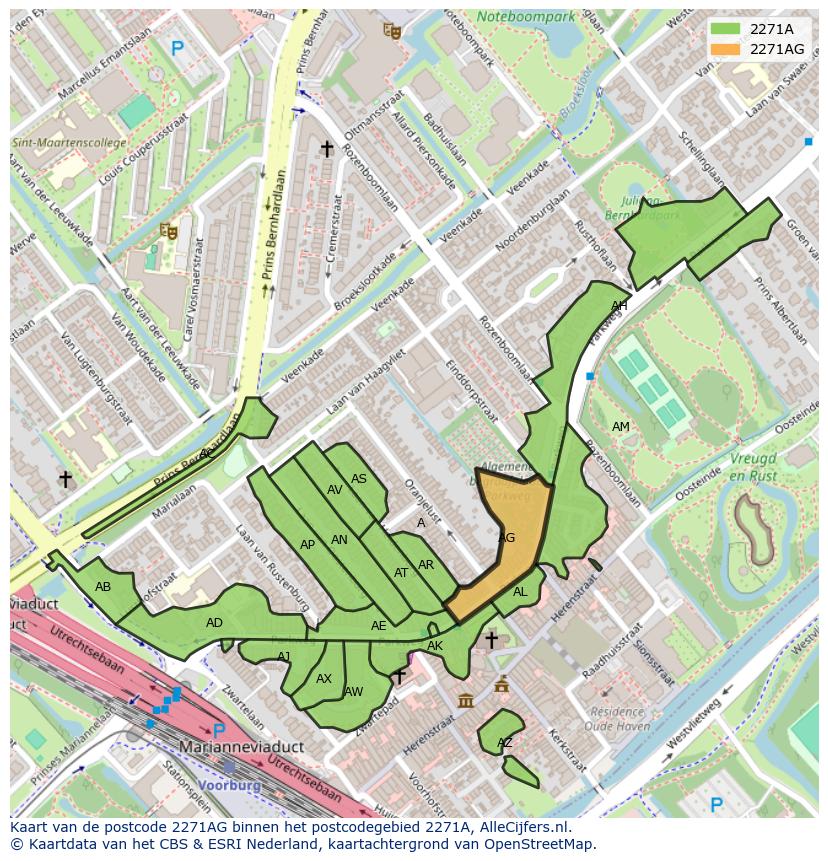 Afbeelding van het postcodegebied 2271 AG op de kaart.