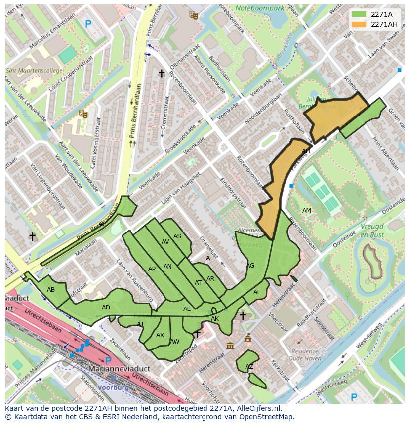 Afbeelding van het postcodegebied 2271 AH op de kaart.