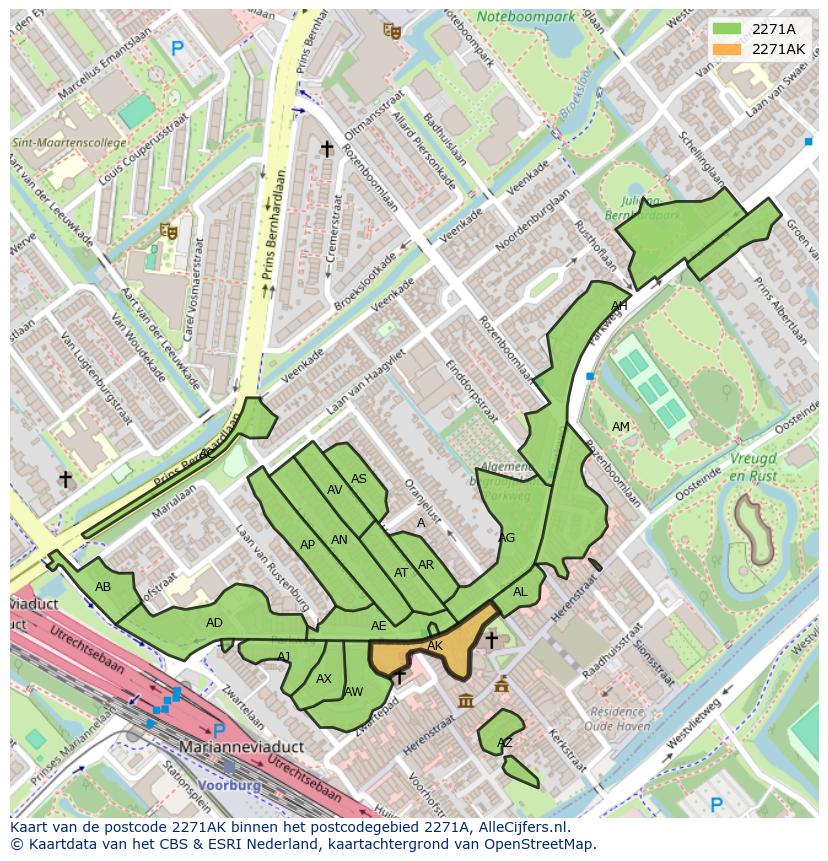 Afbeelding van het postcodegebied 2271 AK op de kaart.