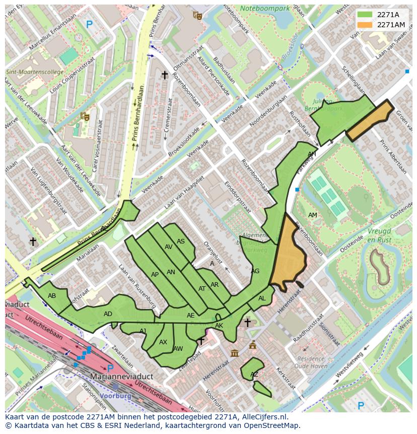 Afbeelding van het postcodegebied 2271 AM op de kaart.
