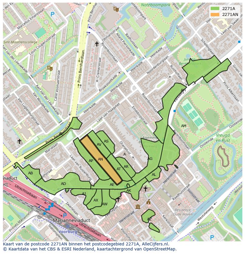 Afbeelding van het postcodegebied 2271 AN op de kaart.