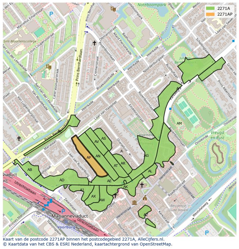 Afbeelding van het postcodegebied 2271 AP op de kaart.