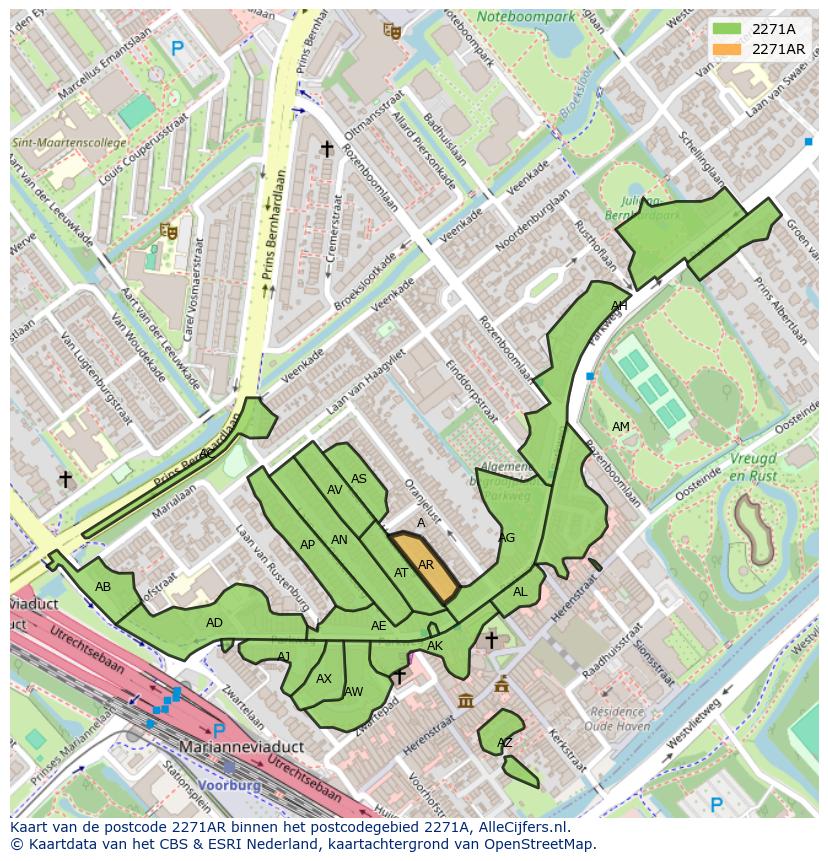 Afbeelding van het postcodegebied 2271 AR op de kaart.