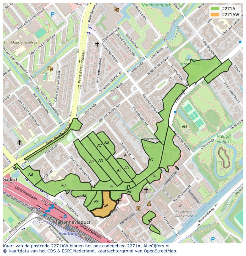 Afbeelding van het postcodegebied 2271 AW op de kaart.
