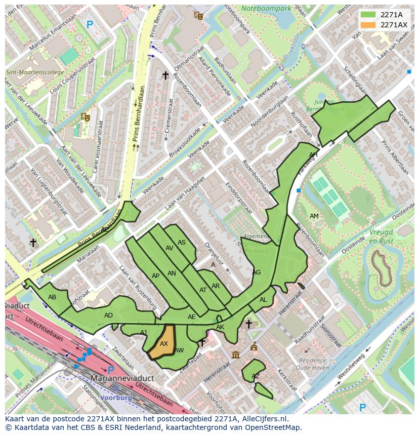 Afbeelding van het postcodegebied 2271 AX op de kaart.