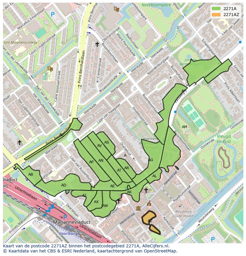 Afbeelding van het postcodegebied 2271 AZ op de kaart.