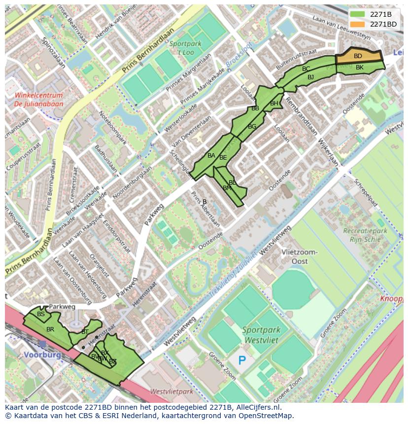 Afbeelding van het postcodegebied 2271 BD op de kaart.